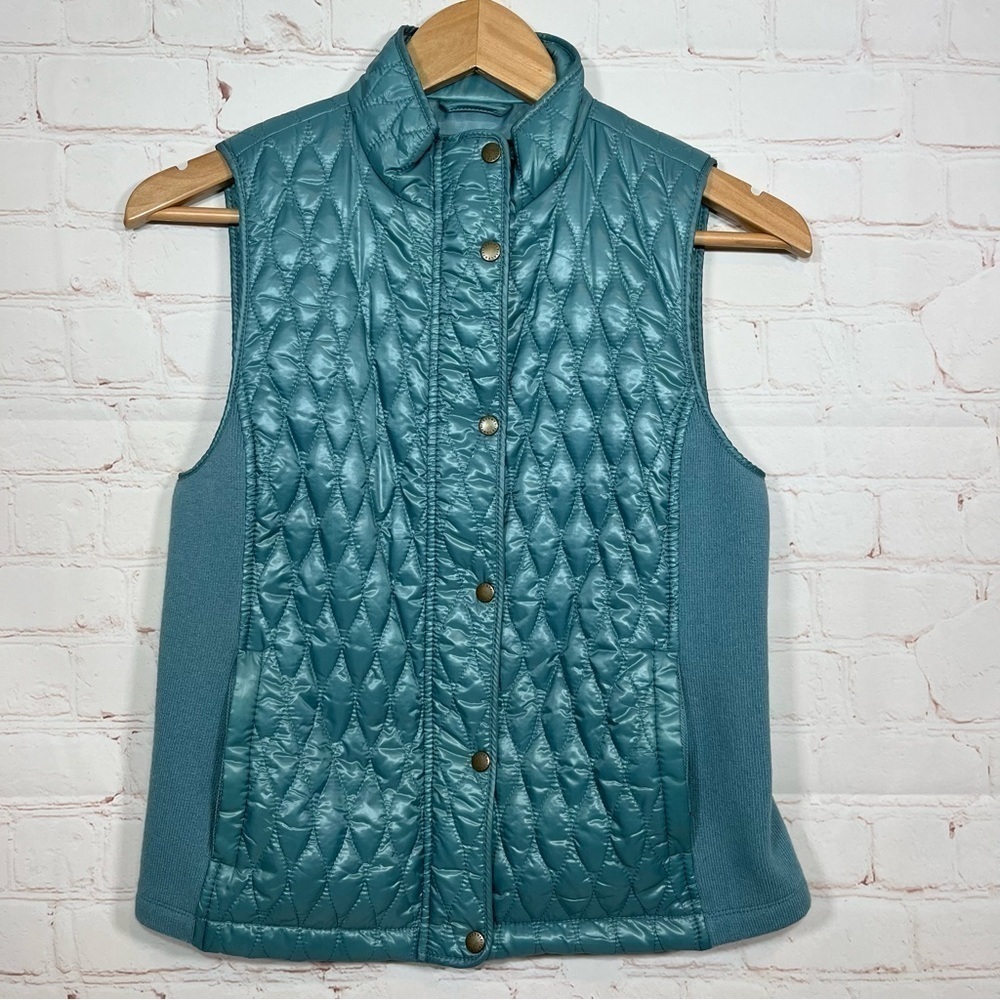 Talbots Quilted Puffer Vest Womens Petite Petite Green Full Zip Snap Buttons
